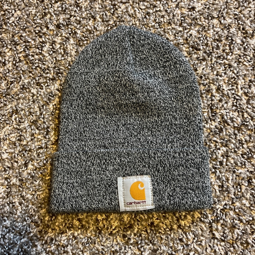 Grey and White Carhartt knit beanie.